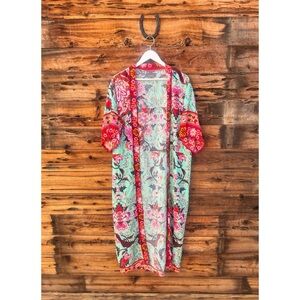 ANTHROPOLOGIE | Turquoise Pink Floral Long Kimono Cardigan Duster OS
